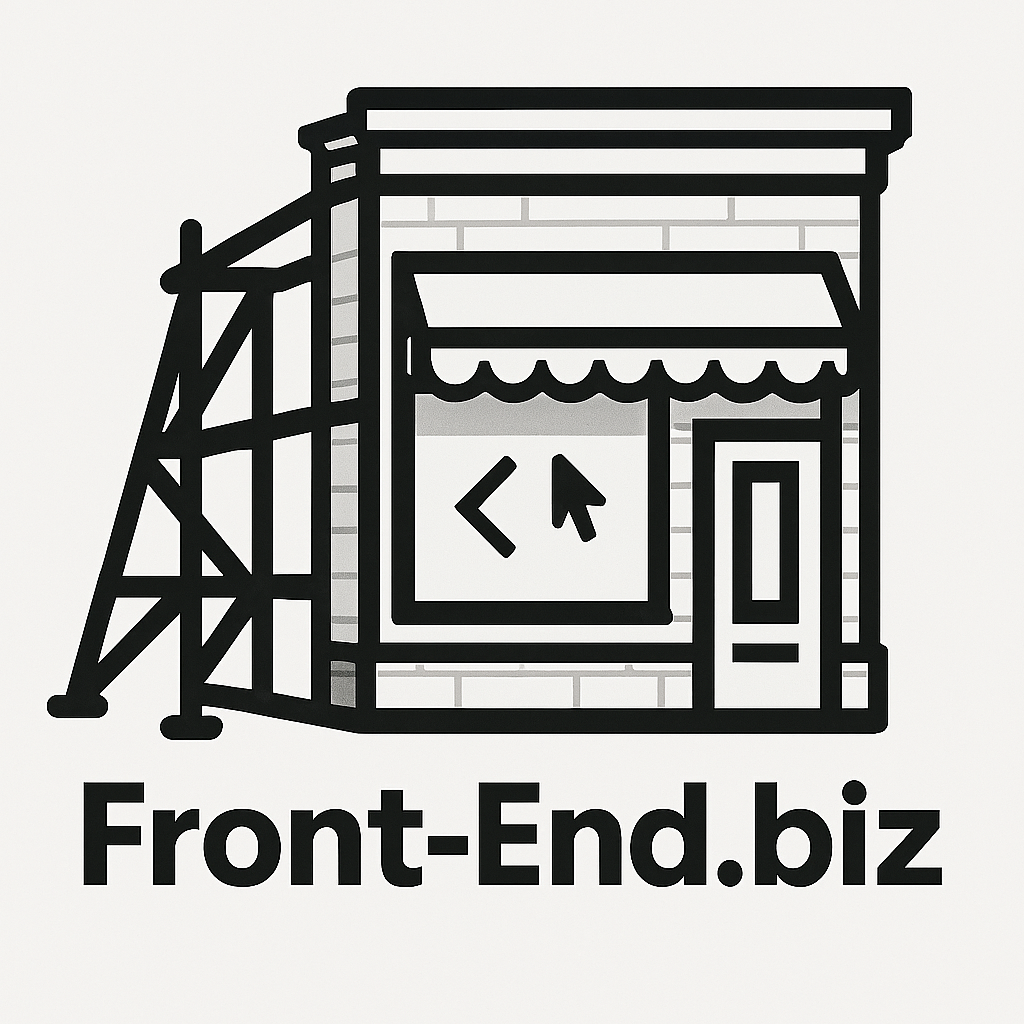 Front-End.biz logo — a storefront with code brackets